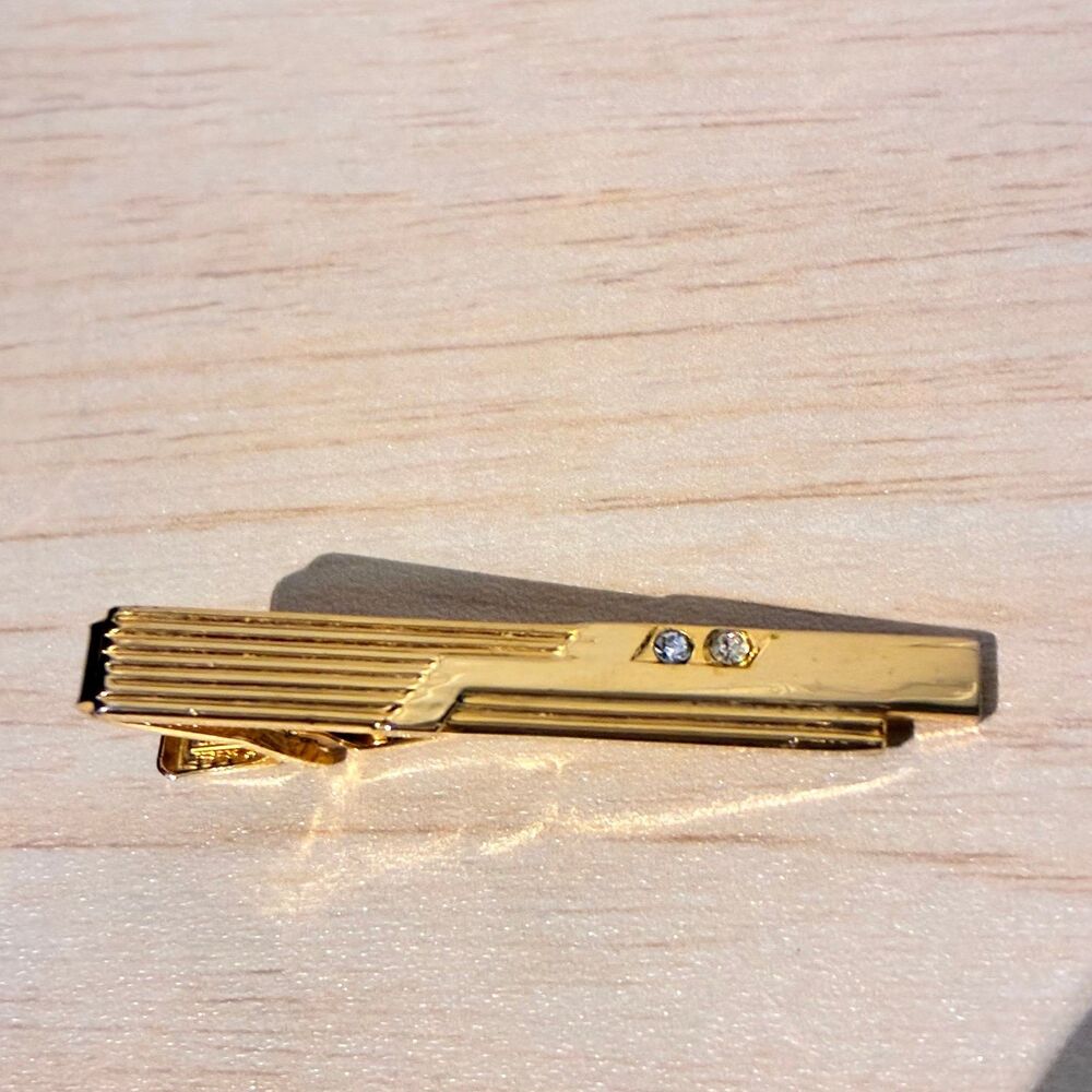 Standard Textured Gold Tie Bar Clip with Rhinestones Tie Clip Gold Tone